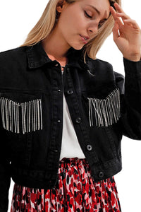 Thumbnail for Q2 - Black Denim Jacket With Strass Fringing - 1 COLOR -