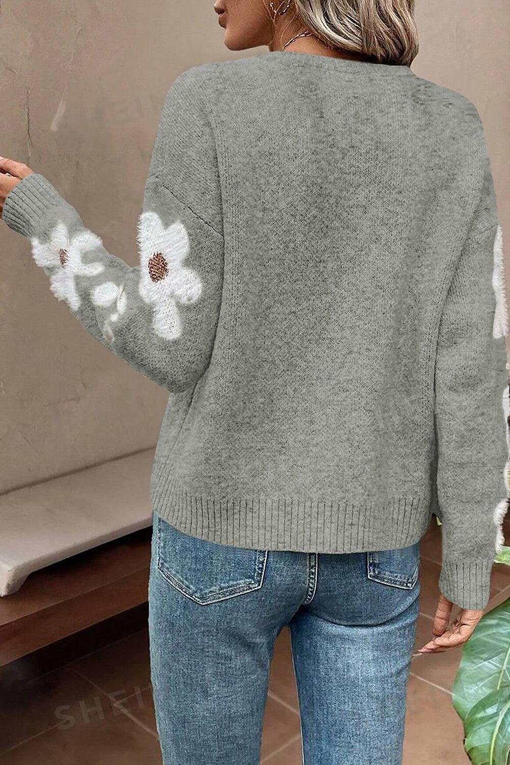 Flower Round Neck Long Sleeve Sweater - T - 5 COLORS -