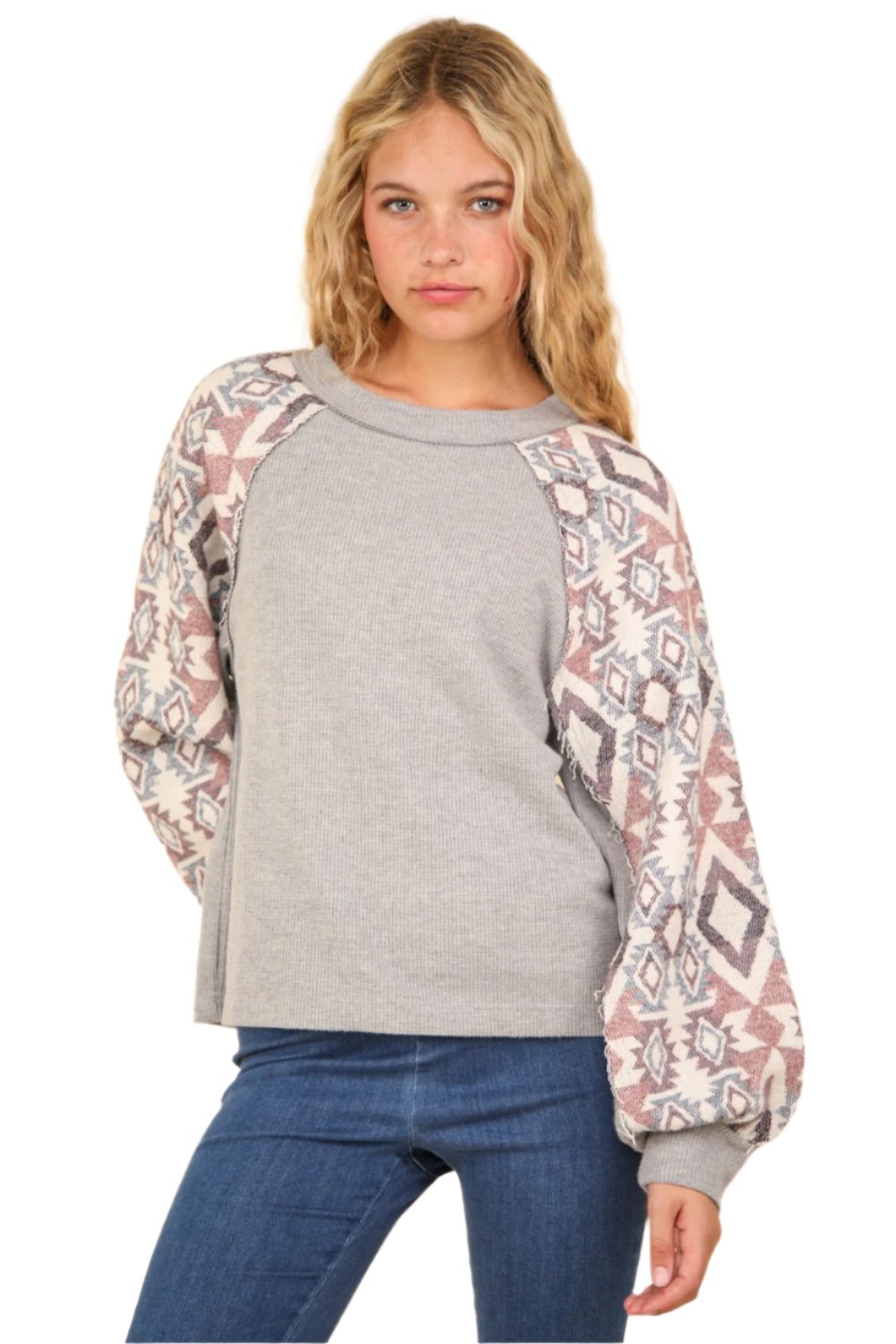 VERY J Printed Long Sleeve Round Neck Knit Top - T - 1 COLOR -