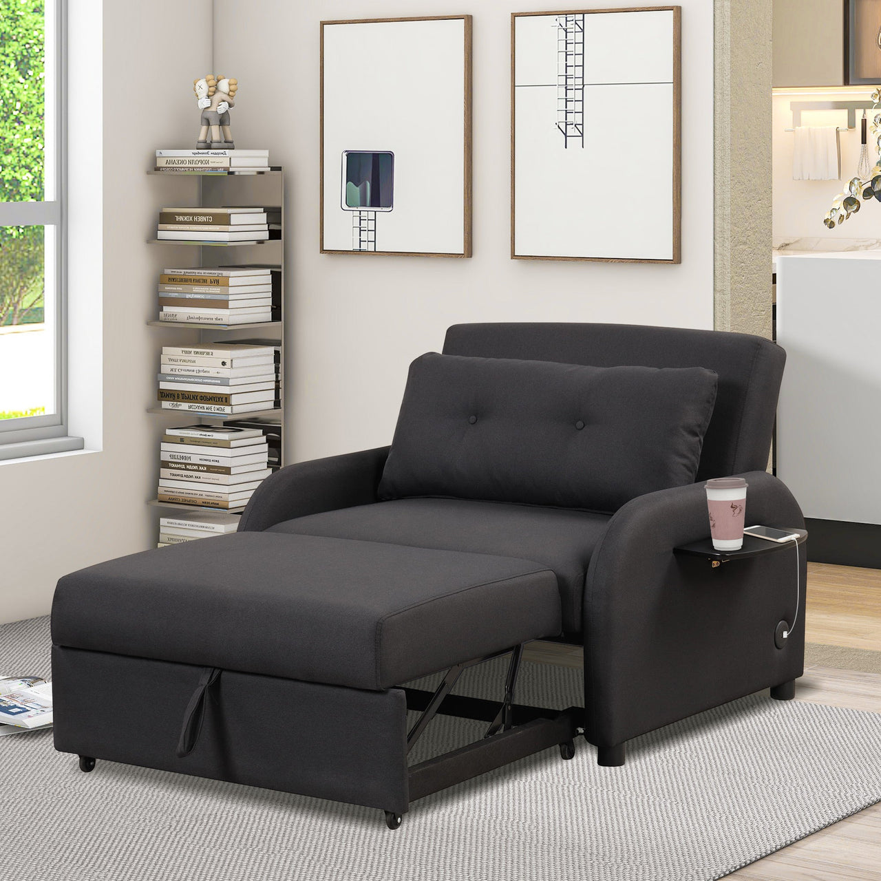 Pull Out Sofa Sleeper 3 in 1 With 2 Wing Table and Usb Charge for Nap Line Fabric for Living Room Recreation Room Black