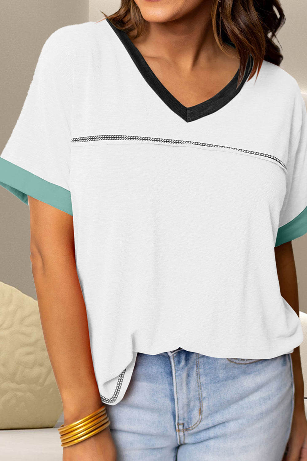 Color Block V-Neck Short Sleeve T-Shirt - T - 2 COLORS -