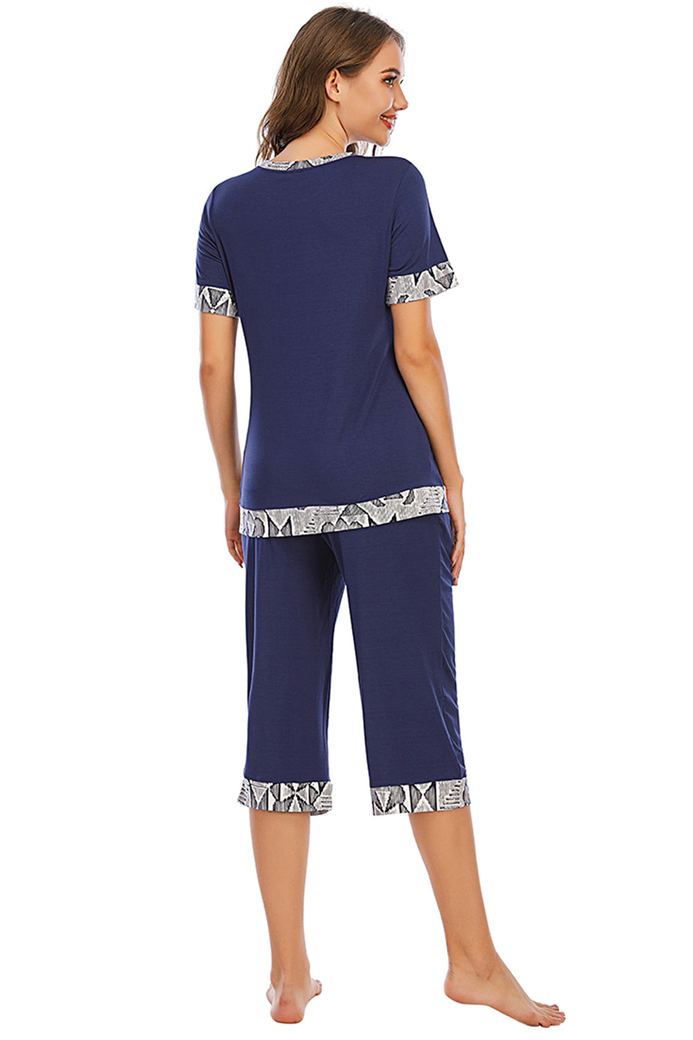 Round Neck Short Sleeve Top and Capris Pants Lounge Set - 2 PCS. - T - 3 COLORS -