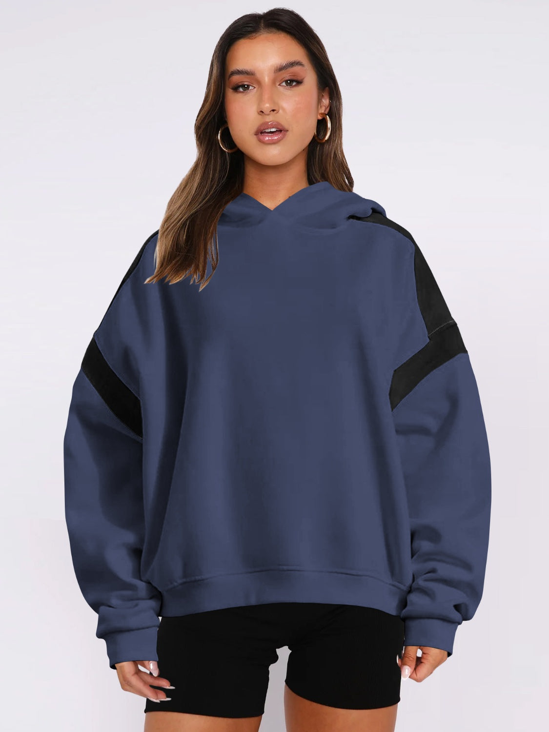 Contrast Dropped Shoulder Long Sleeve Hoodie - T - 6 COLORS -