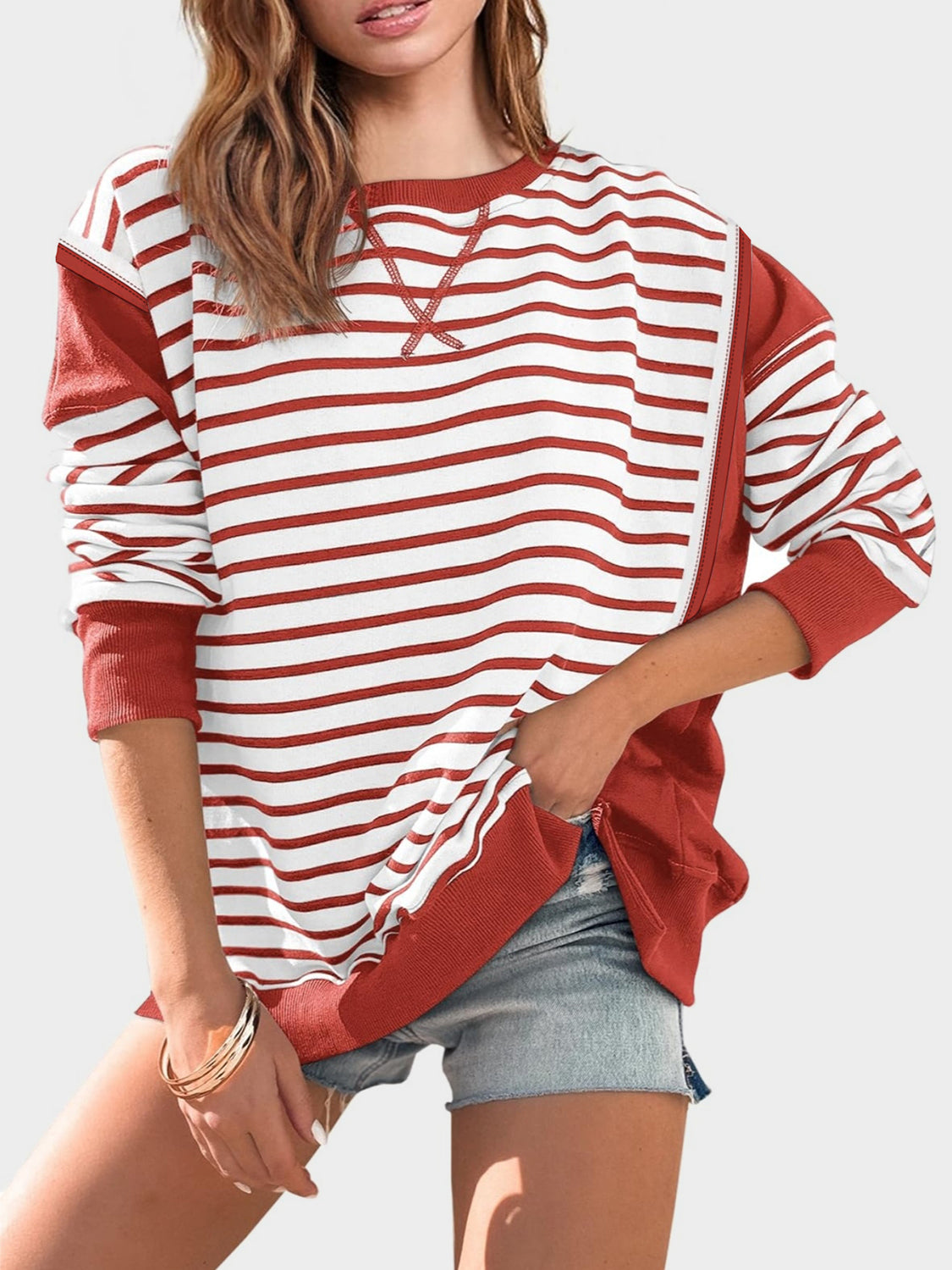 Slit Exposed Seam Striped Long Sleeve Sweatshirt - T - 8 COLORS -