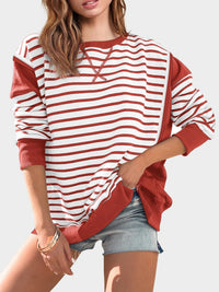 Thumbnail for Slit Exposed Seam Striped Long Sleeve Sweatshirt - T - 8 COLORS -