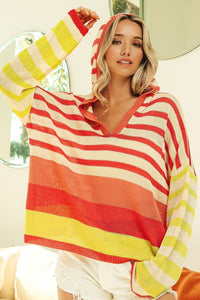 Thumbnail for BiBi Striped Color Block Hooded Knit Top - Beach or Everyday - T - 1 COLOR -