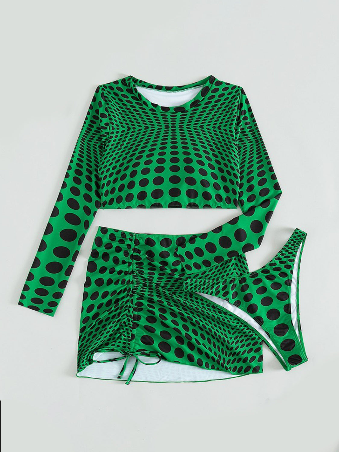 Polka Dot Long Sleeve Three-Piece Swim set - 3 PCS. - T - 2 COLORS -