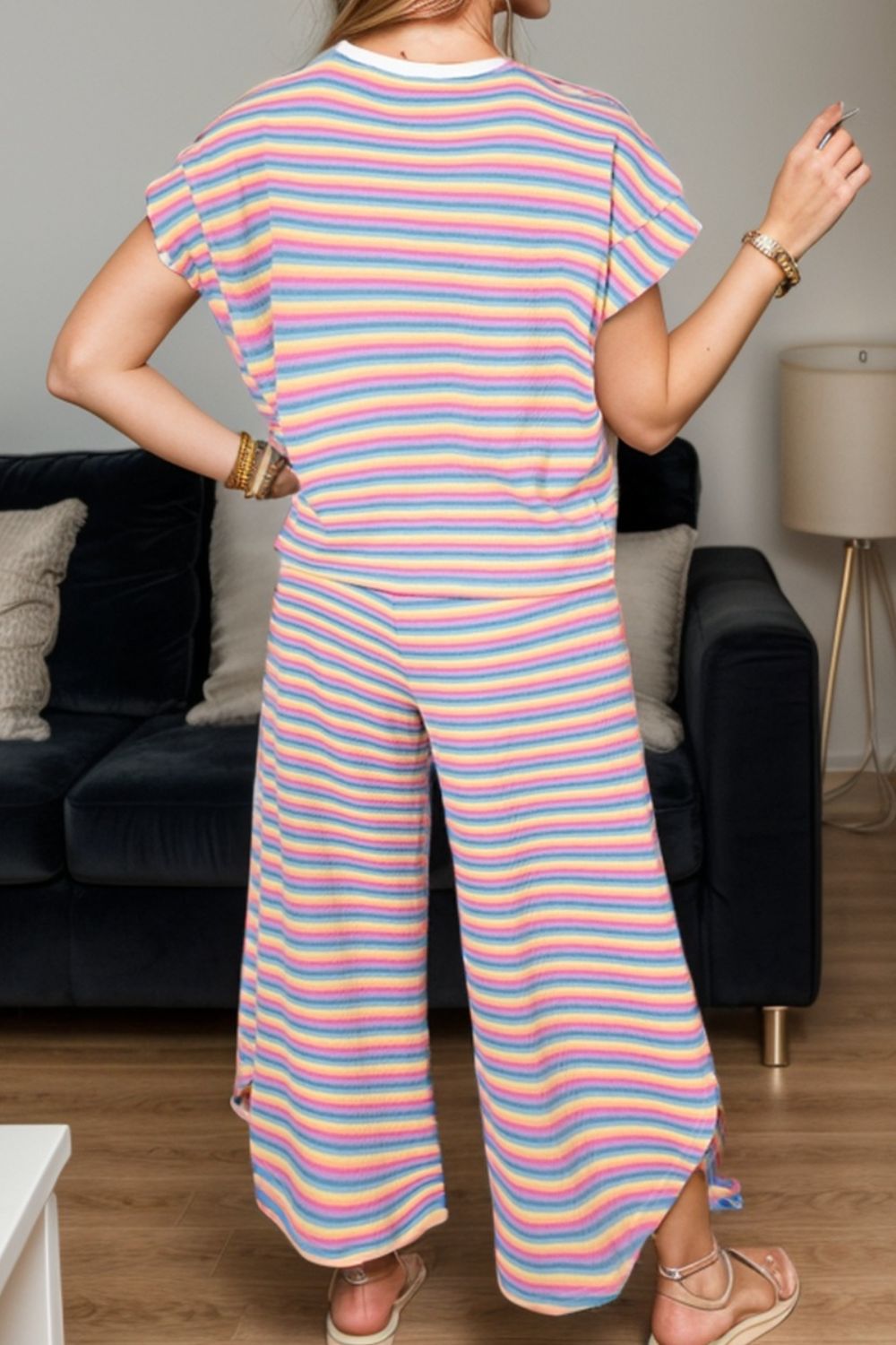 Striped Round Neck Top and Drawstring Pants Set - 2 PCS. - T - 3 COLORS -