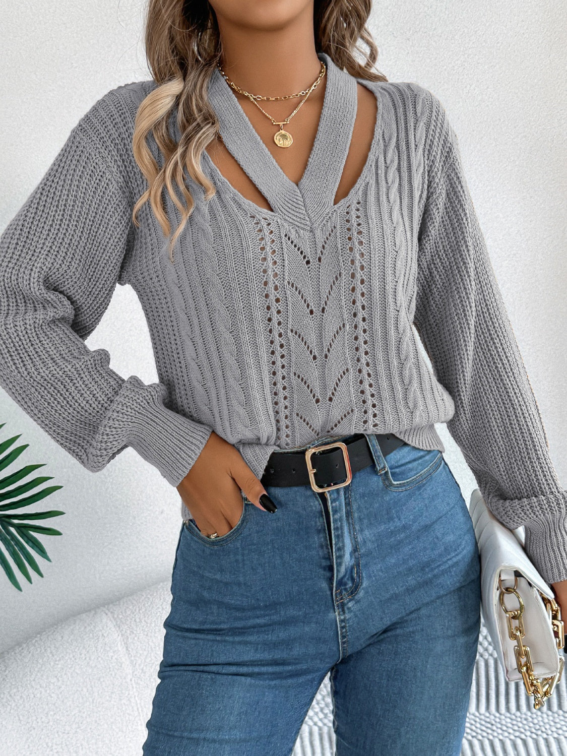 Cutout V-Neck Long Sleeve Sweater - T - 3 COLORS -