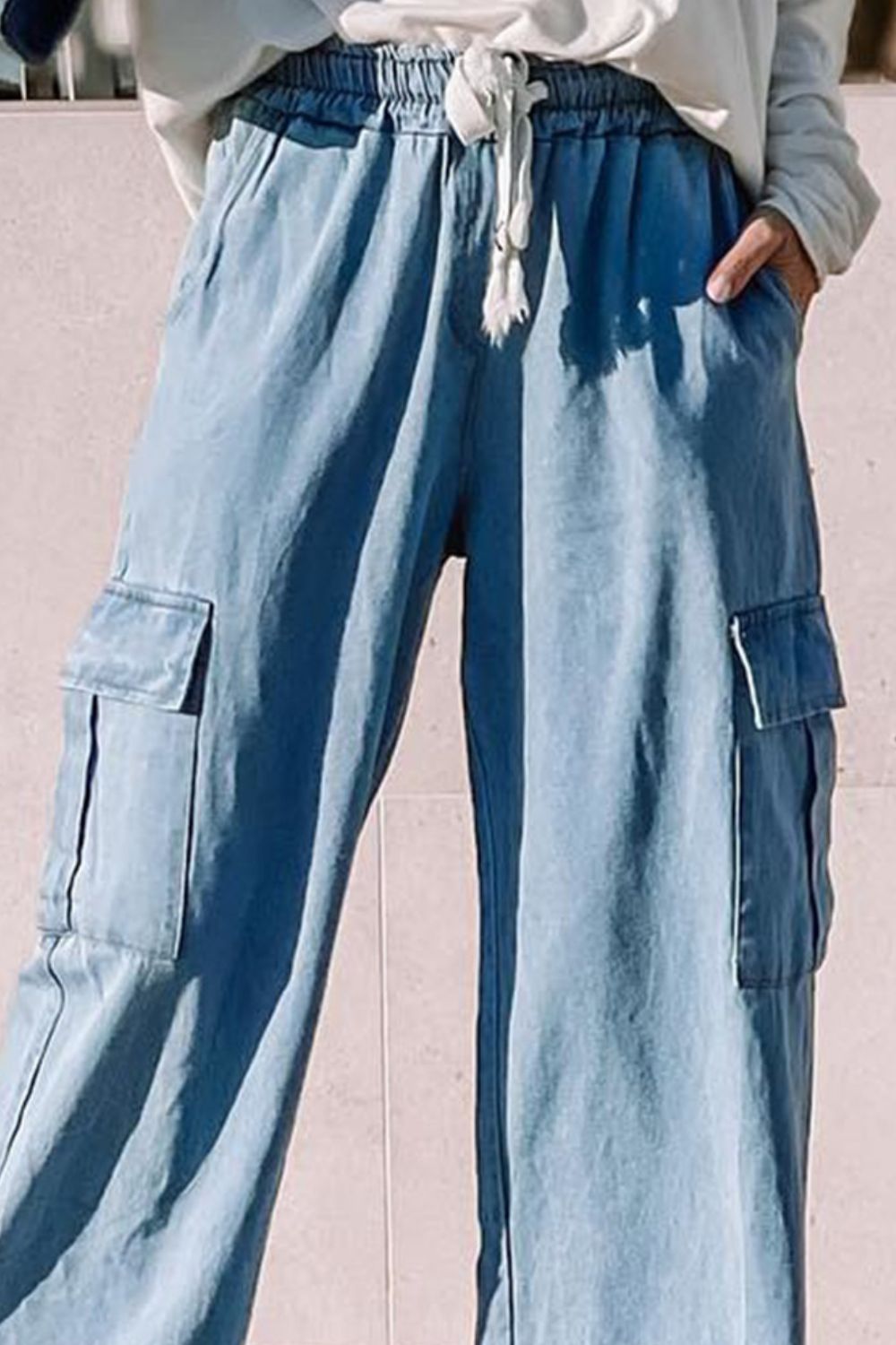 Drawstring Wide Leg Jeans with Pockets - T - 1 COLOR -