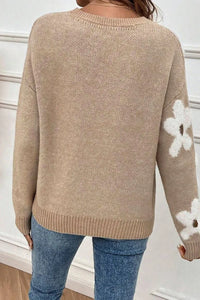 Thumbnail for Flower Round Neck Long Sleeve Sweater - T - 1 COLOR -