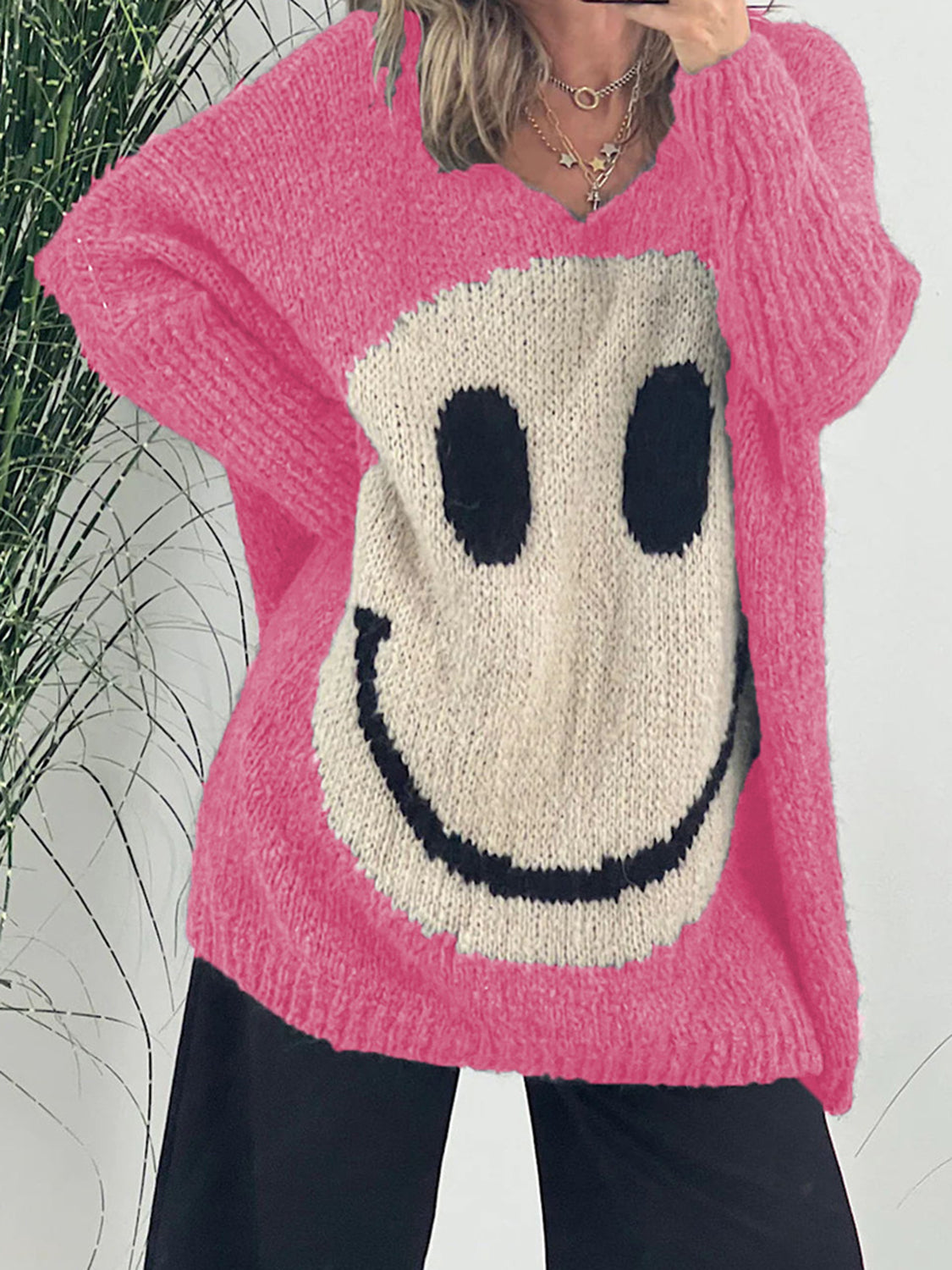 Smiling Face V-Neck Long Sleeve Sweater - 2 SIZE COMBOS - T - 7 COLORS -