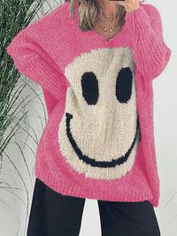 Thumbnail for Smiling Face V-Neck Long Sleeve Sweater - 2 SIZE COMBOS - T - 7 COLORS -