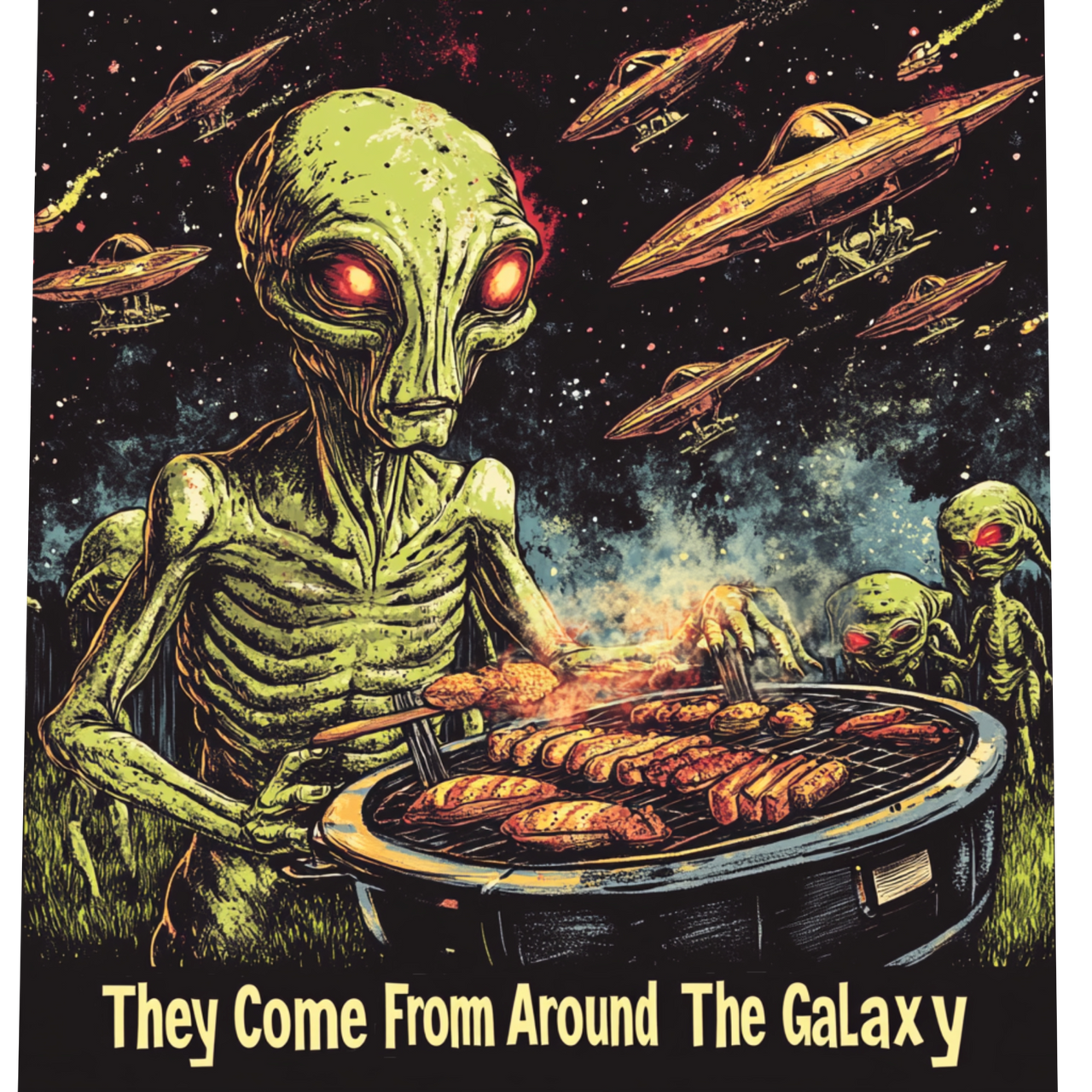 They Come From Around the Galaxy Alien T-Shirt, Alien Grilling Tee - 2 COLORS -