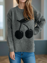 Thumbnail for Cherry Round Neck Long Sleeve Sweater - 1 OVERSIZE - T - 3 COLORS -