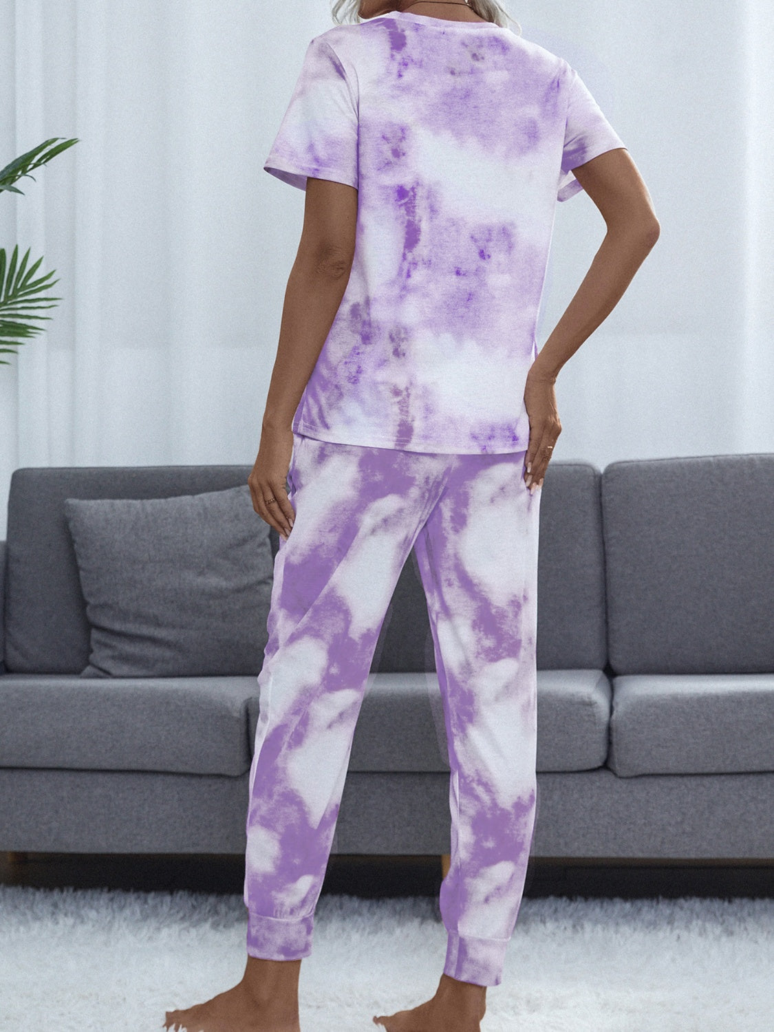 Tie-Dye Round Neck Top and Pants Lounge set - 2 PCS - T - 2 COLORS -