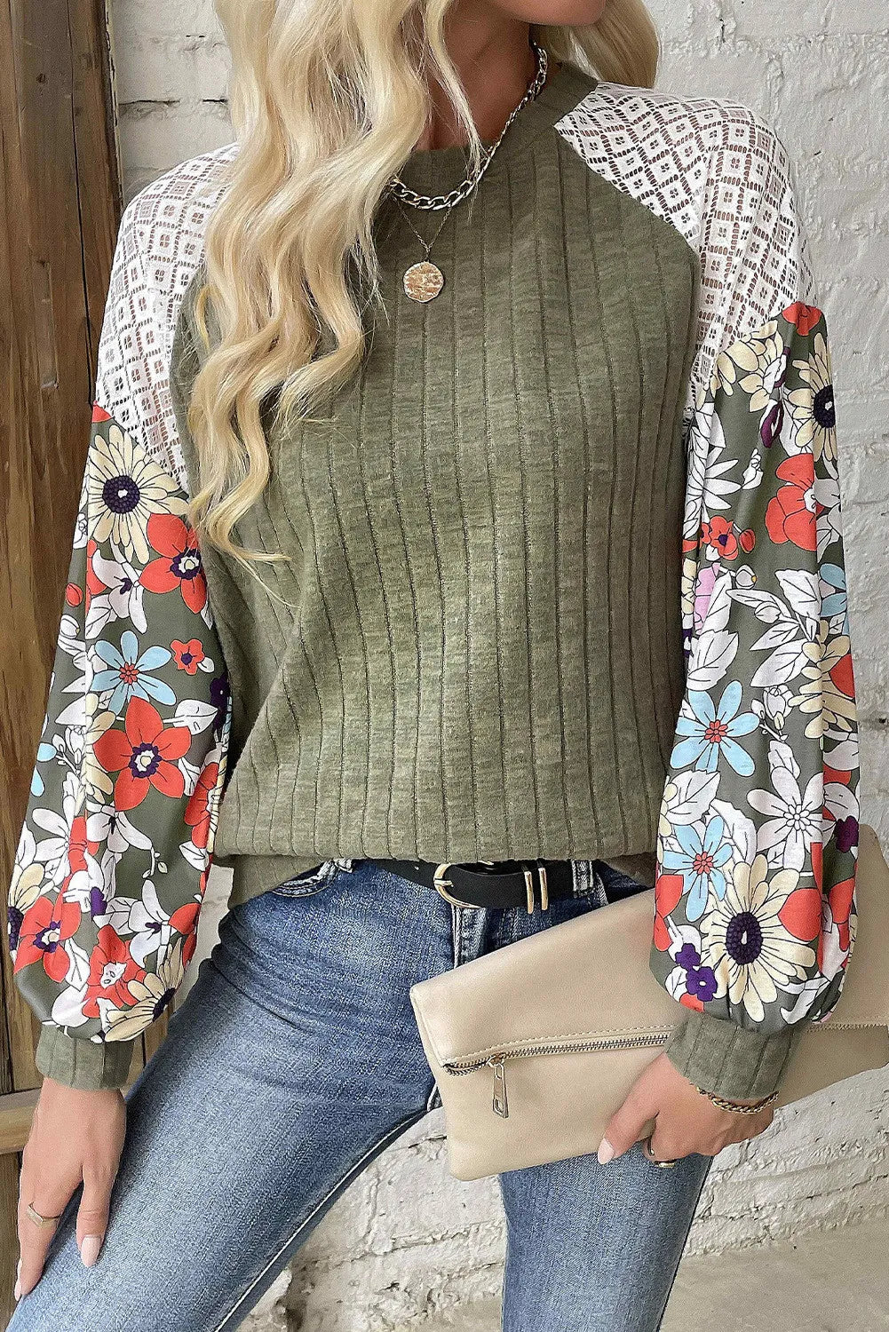 Printed Round Neck Long Sleeve Top - T - 3 COLORS -