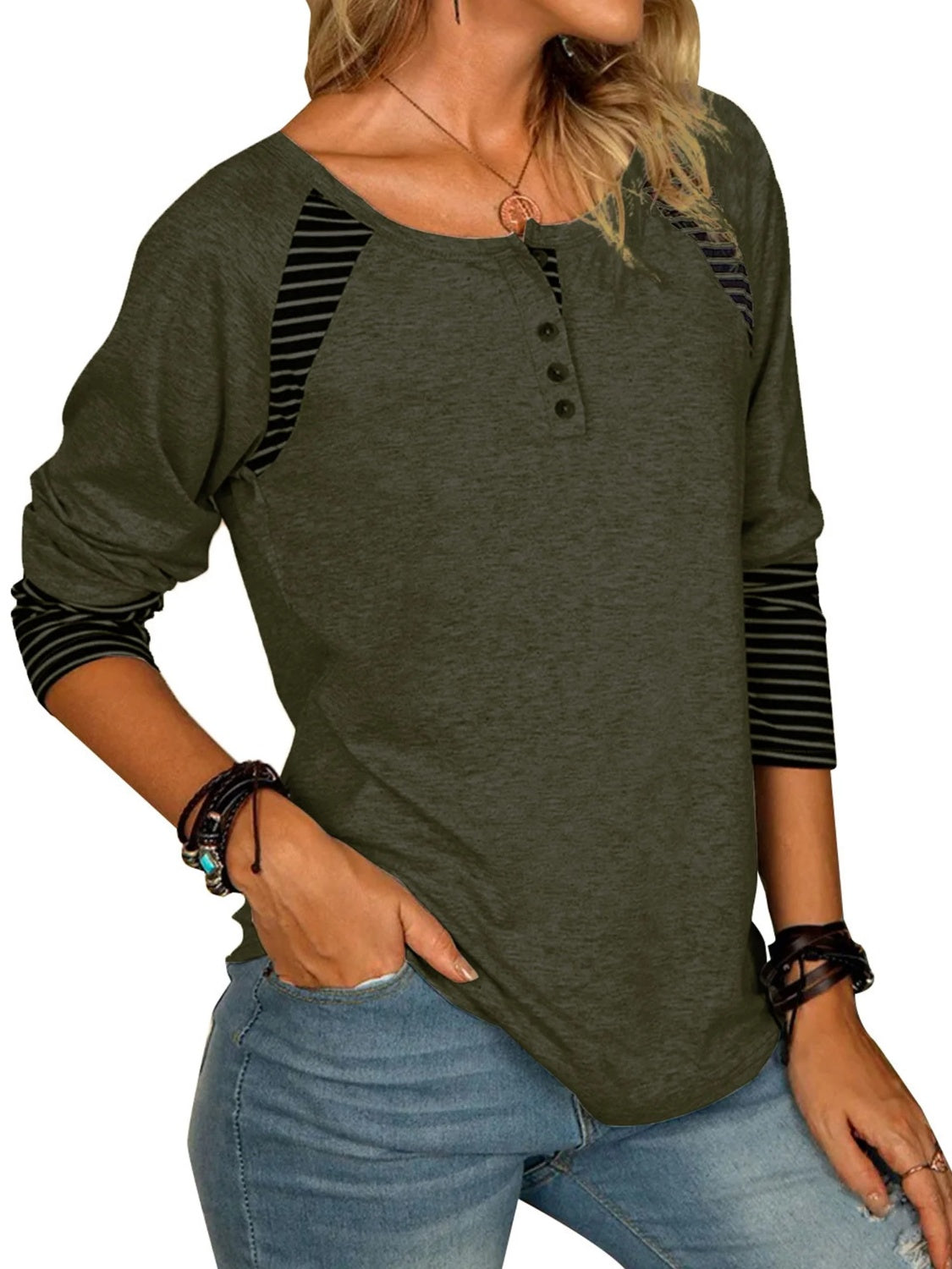 Full Size Striped Quarter Button Long Sleeve T-Shirt - T - 6 COLORS -