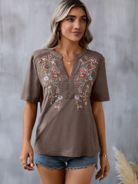 Thumbnail for Embroidered Notched Short Sleeve T-Shirt - T - 5 COLORS -