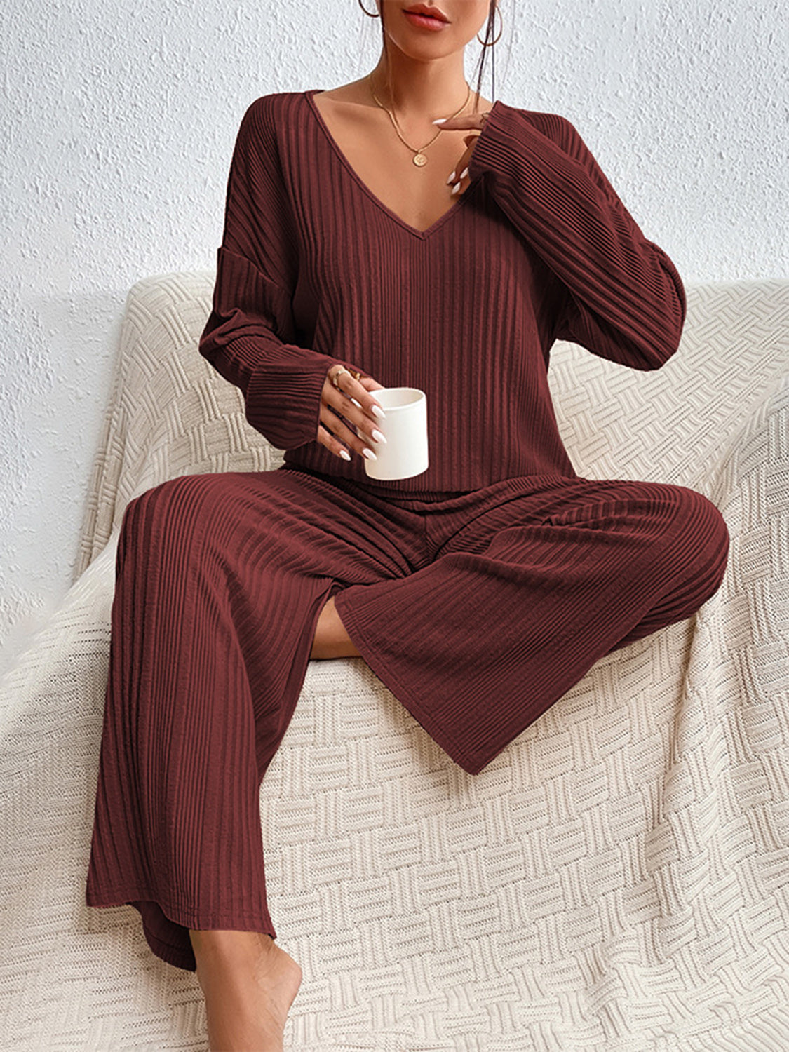 V-Neck Long Sleeve Top and Pants Set - 2 PCS. - T - 7 COLORS -