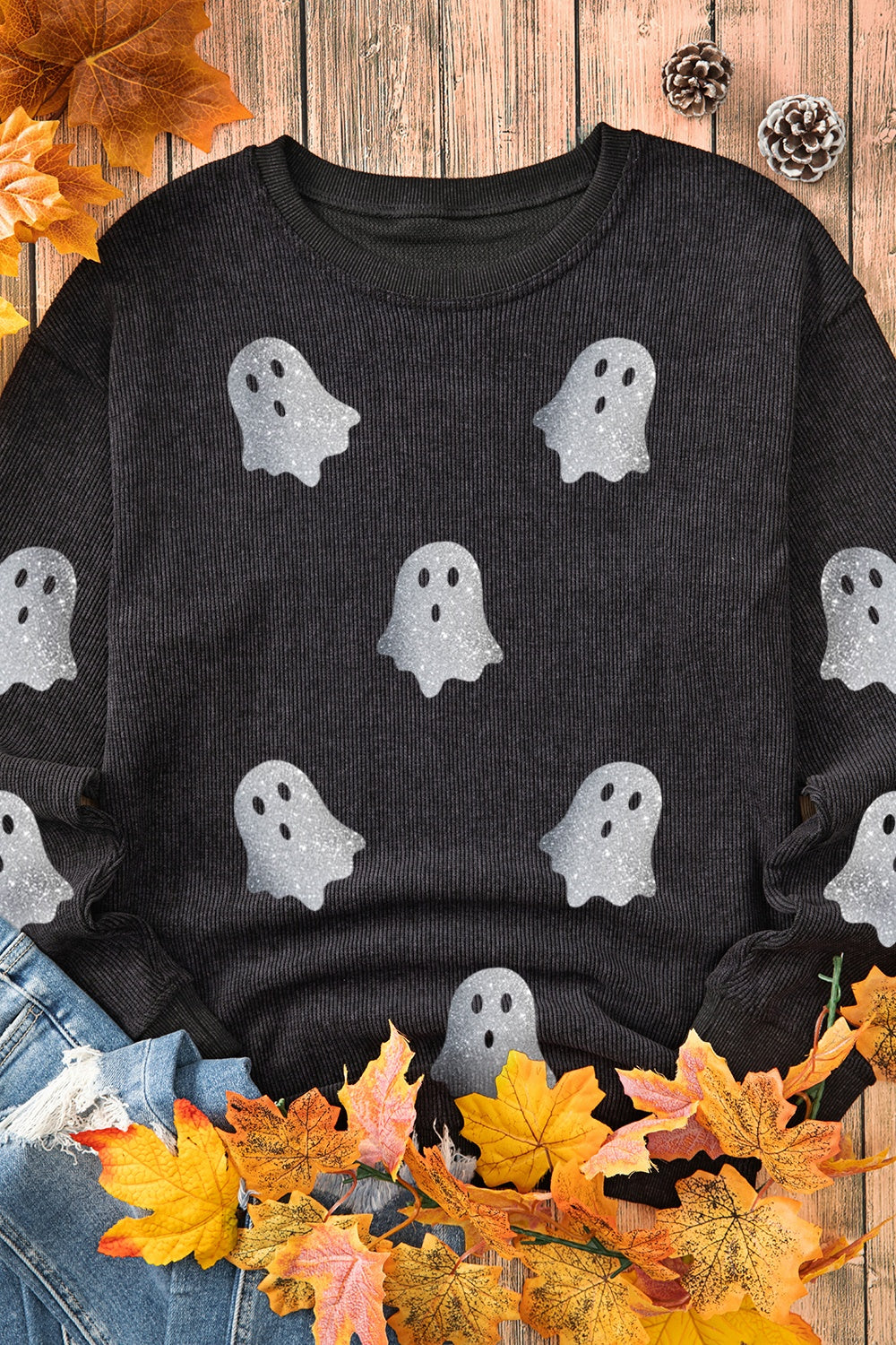 Glitter Ghost Round Neck Long Sleeve Sweatshirt - T - 3 COLORS -