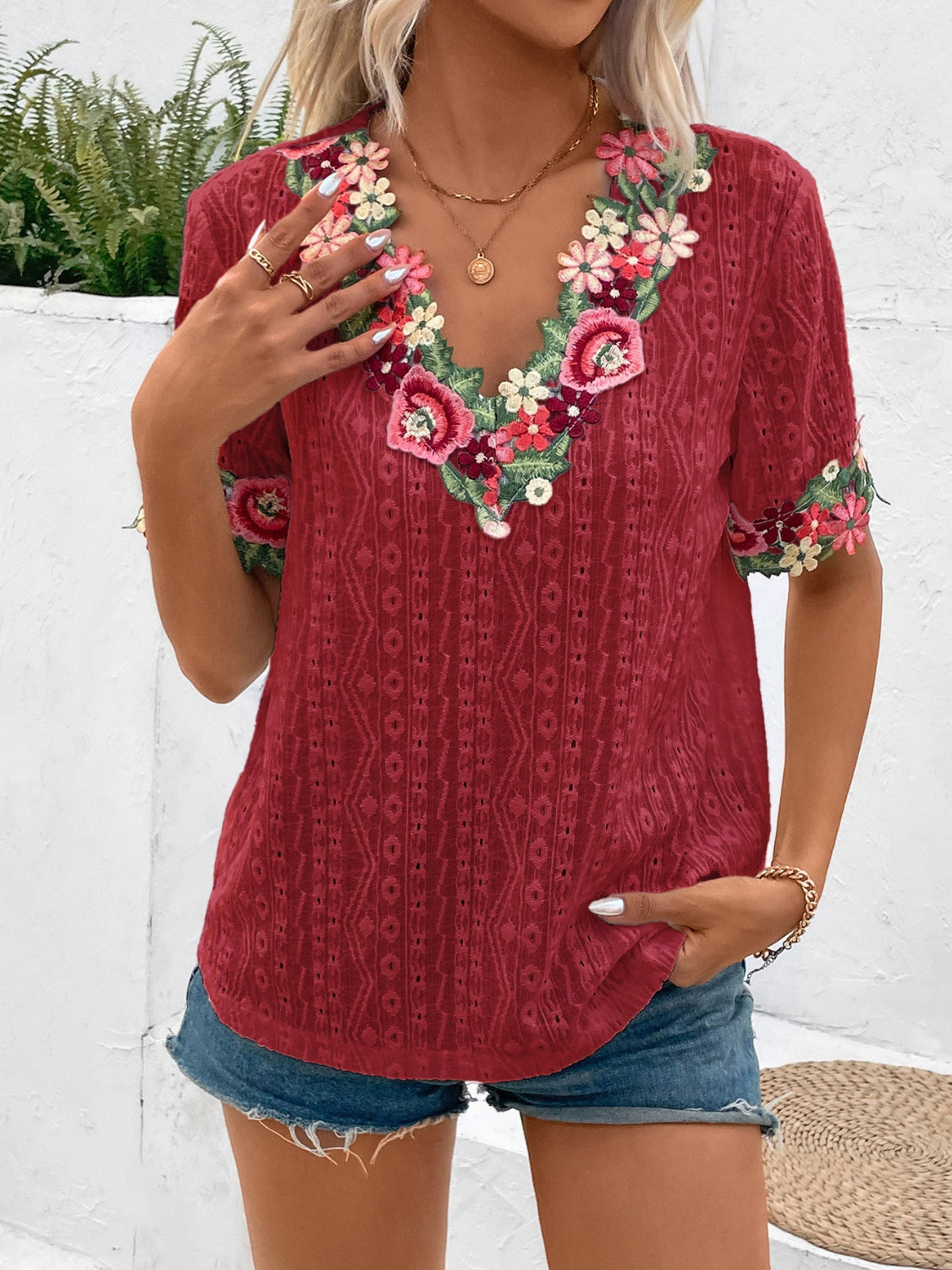 Eyelet Embroidered V-Neck Short Sleeve Blouse - T - 4 COLORS -