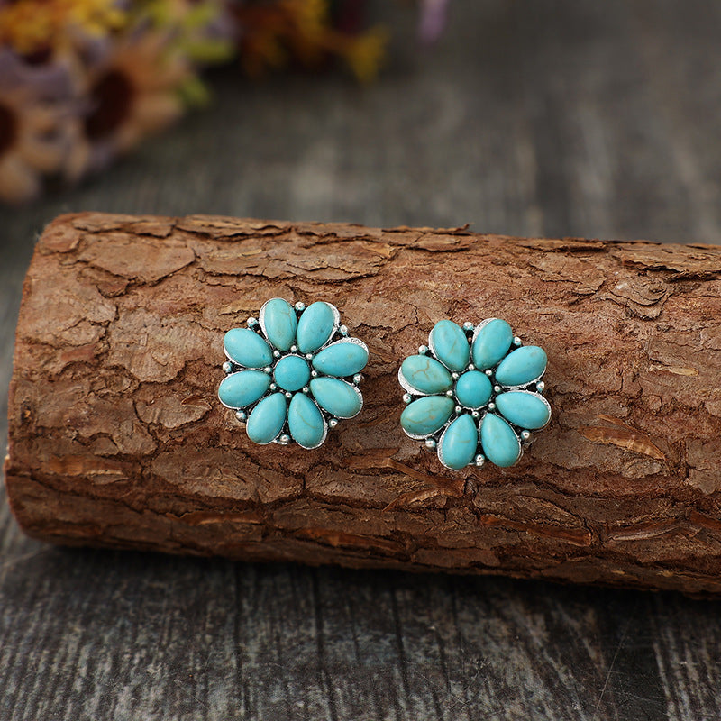 Alloy Turquoise Flower Stud Earrings - T - 1 COLOR -