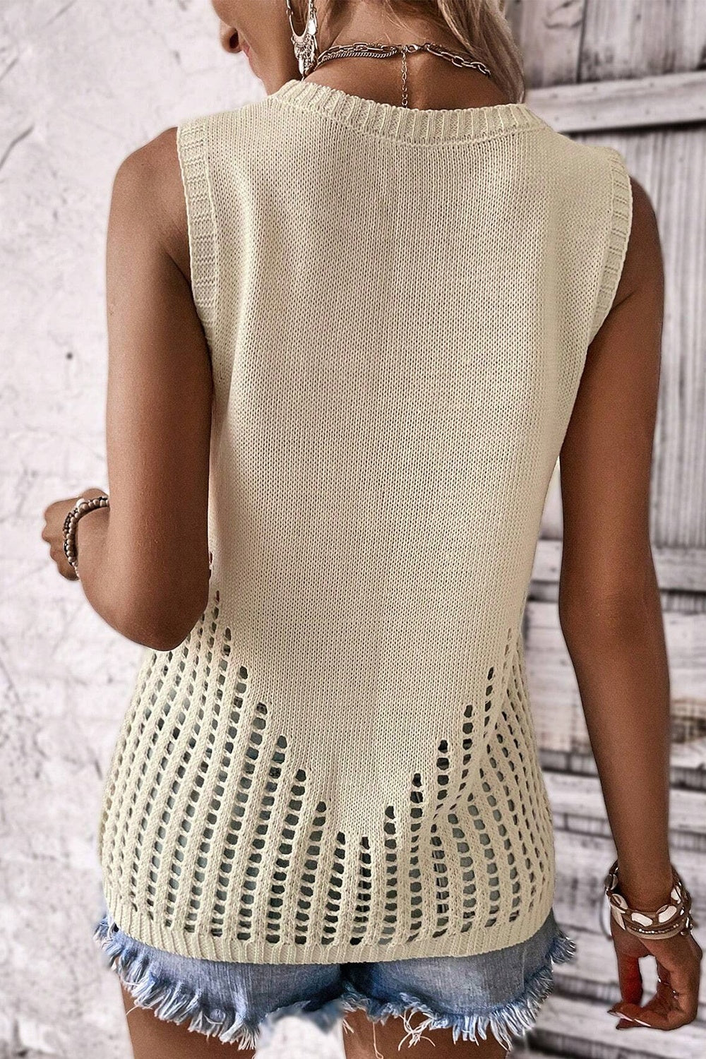 Openwork Round Neck Knit Vest - T - 1 COLOR -