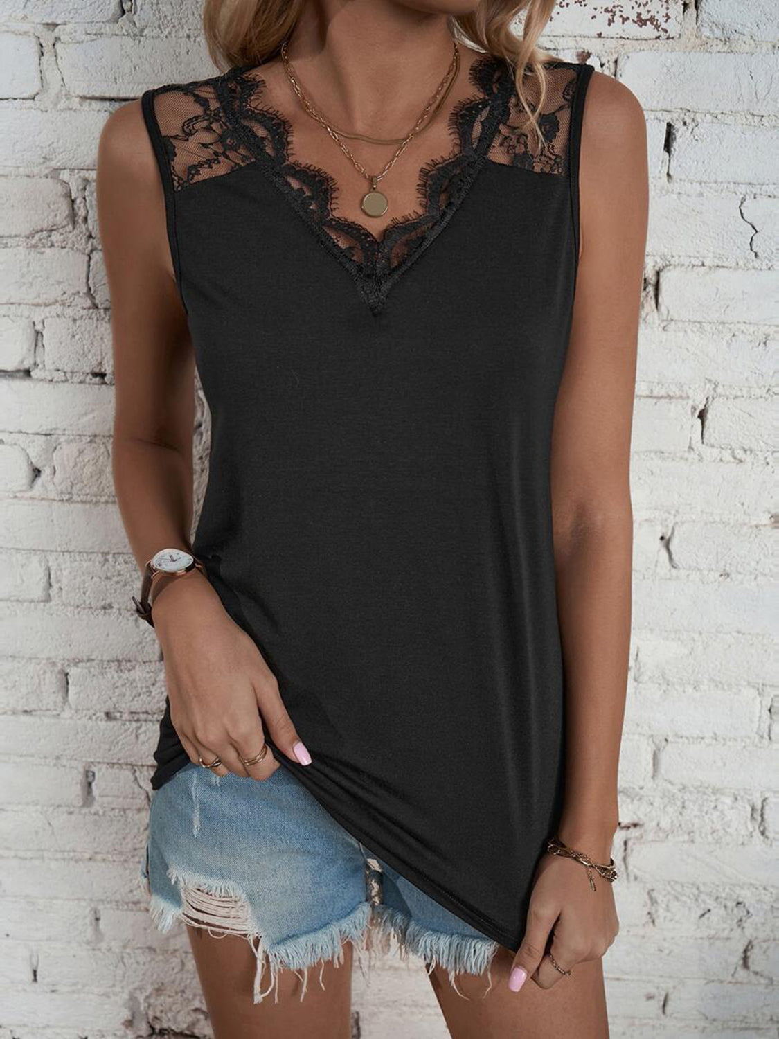 Lace Detail V-Neck Tank - T - 1 COLOR -