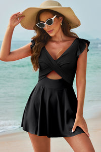 Thumbnail for Cutout V-Neck Cap Sleeve One-Piece Swimwear - T - 2 COLORS -