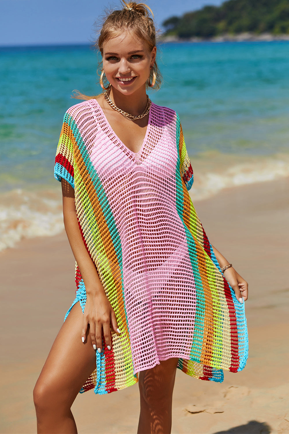 Openwork Striped Slit Knit Cover Up - 1 SIZE FITS ALL - T - 4 COLORS -