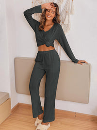 Thumbnail for V-Neck Long Sleeve Top and Pants Set - 2 PCS. - T - 7 COLORS -