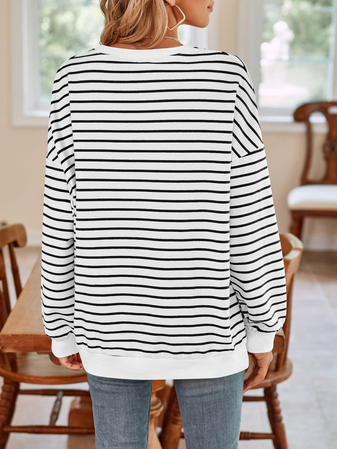 Striped Round Neck Long Sleeve Sweatshirt - T - 6 COLORS -