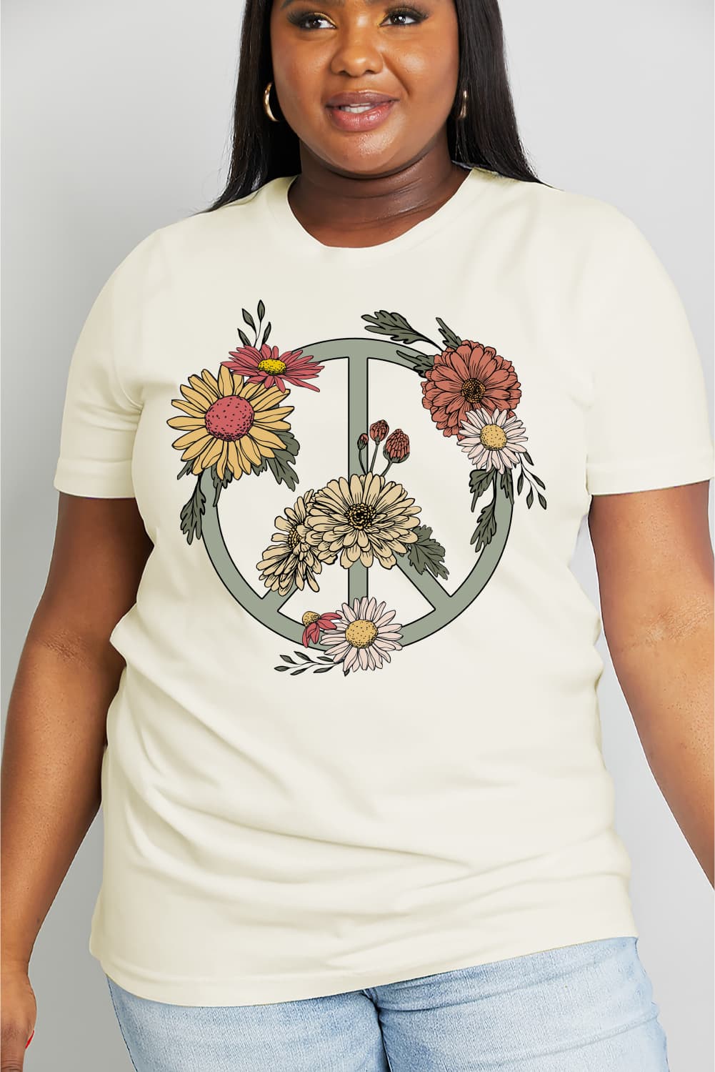 Simply Love Full Size Flower Peace sign Graphic Cotton Tee - T - 2 COLORS -