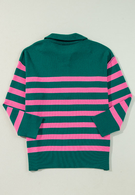 Contrast Striped Quarter Zip Long Sleeve Sweater - T - 1 COLOR -