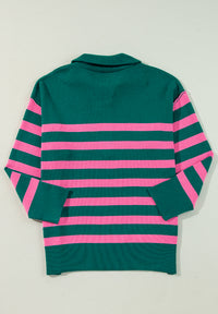 Thumbnail for Contrast Striped Quarter Zip Long Sleeve Sweater - T - 1 COLOR -