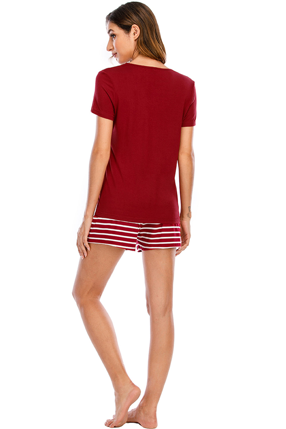 Graphic Round Neck Top and Striped Shorts Lounge Set - 2 PCS. - T - 3 DESIGNS - 3 COLORS -