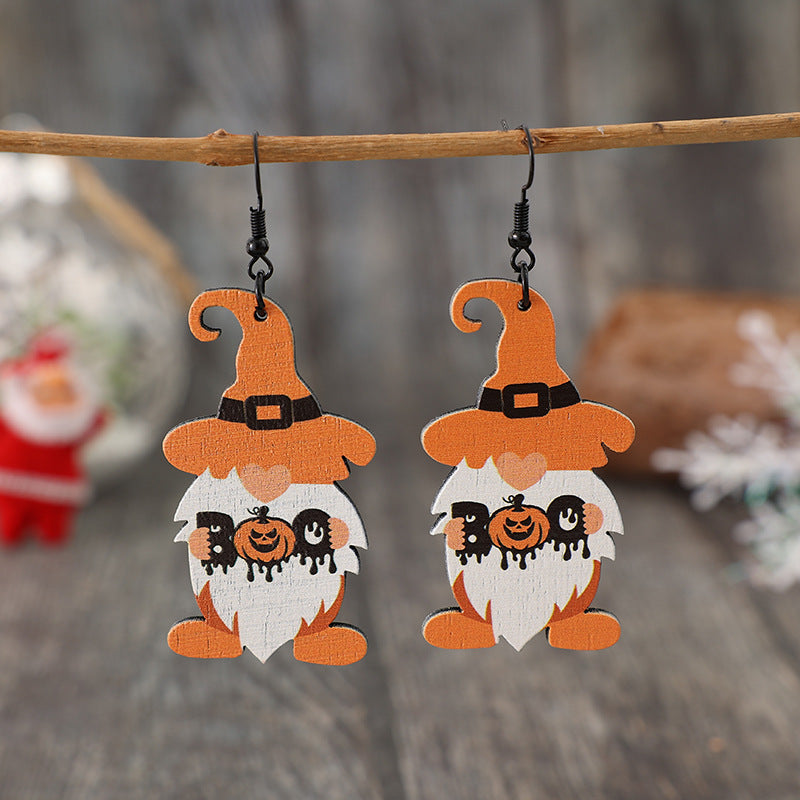 Wooden Gnome Pumpkin Dangle Earrings - T - 1 COLOR -