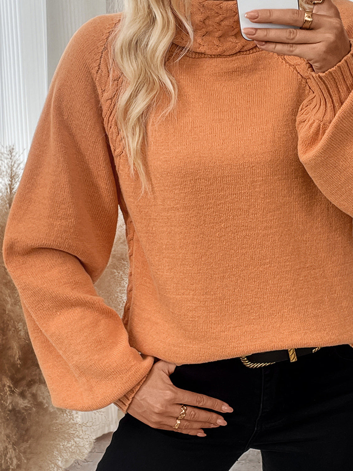 Cable-Knit Turtleneck Long Sleeve Sweater - T - 1 COLOR -