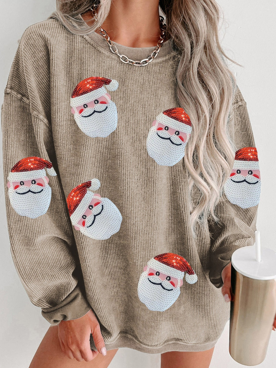 Sequin Santa Patch Ribbed Sweatshirt - T - 2 COLORS -