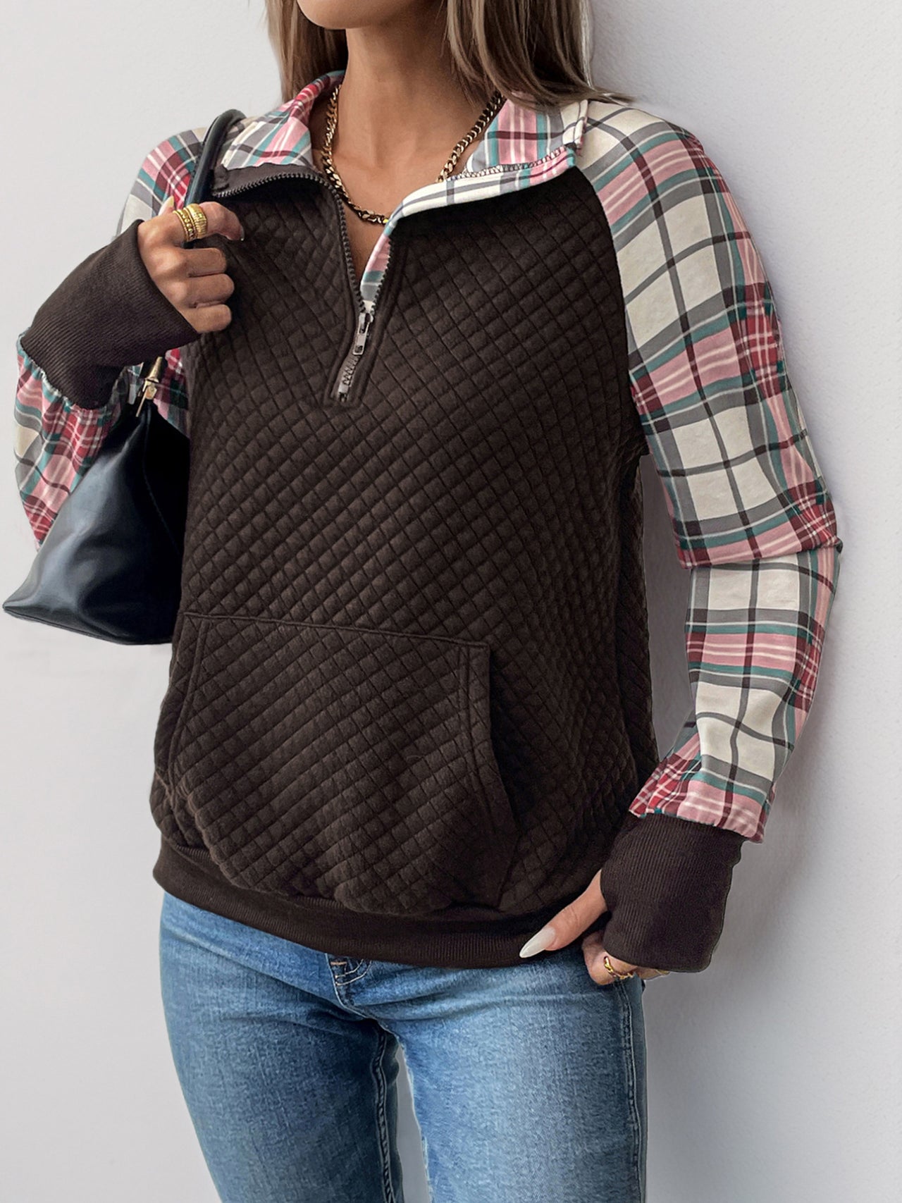 Perfee Plaid Half Zip Long Sleeve Sweatshirt - T - 1 COLOR -