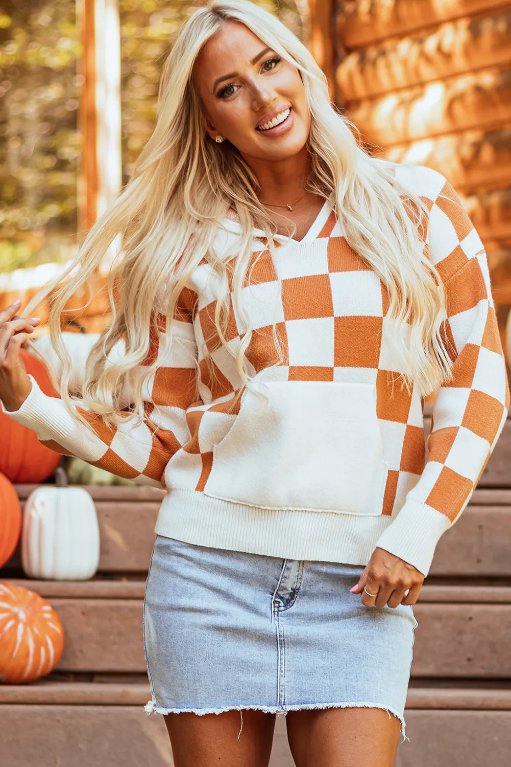 Checkered Long Sleeve Hooded Sweater - T - 1 COLOR -