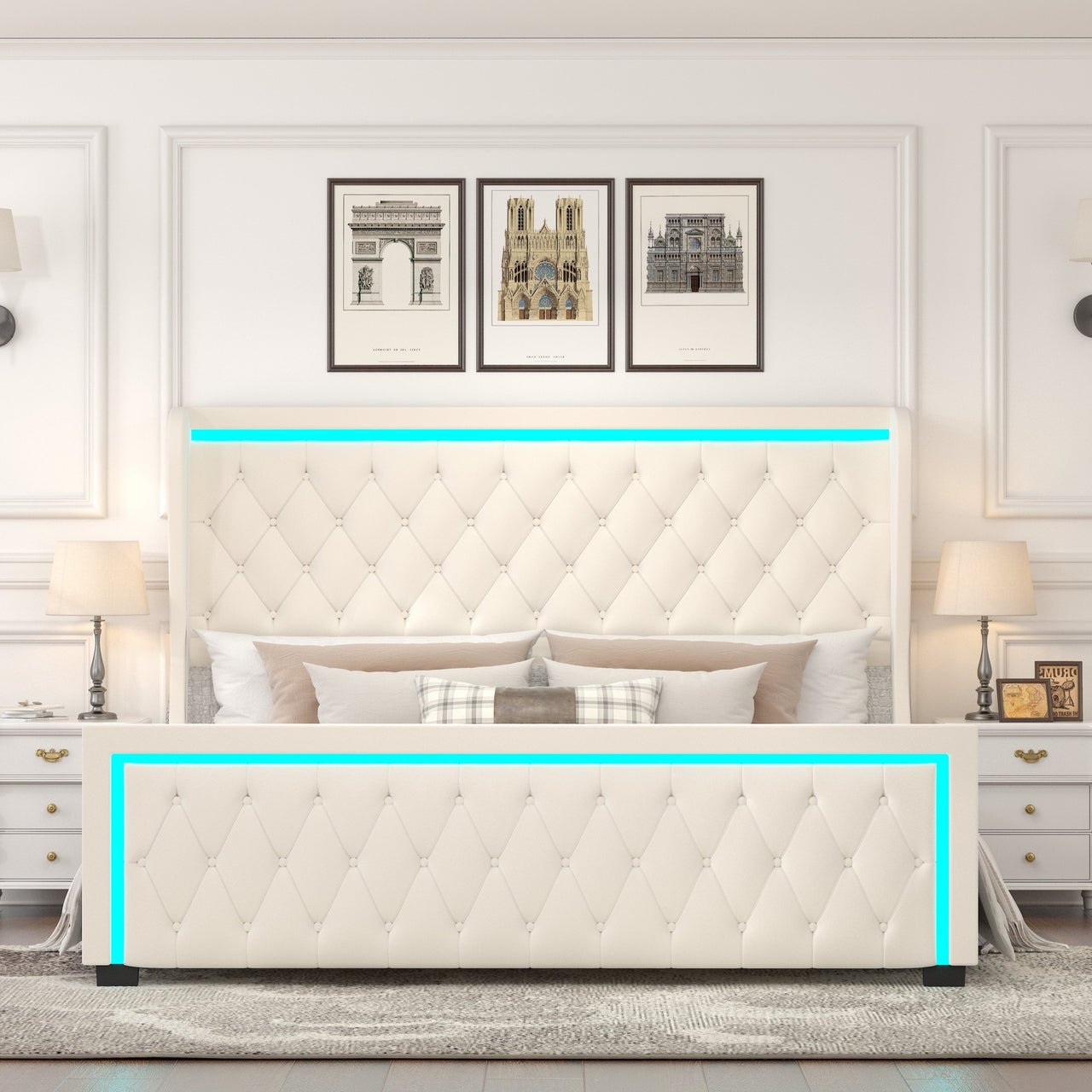 Queen Platform Bed Frame With High Headboard, Velvet Upholstered Bed With Deep Tufted Buttons, Adjustable Colorful LED L