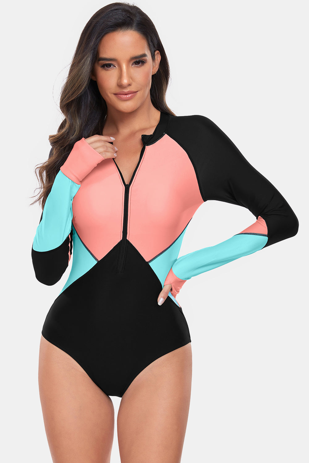 Color Block Half Zip Long Sleeve One-Piece Swimwear - T - 1 COLOR -