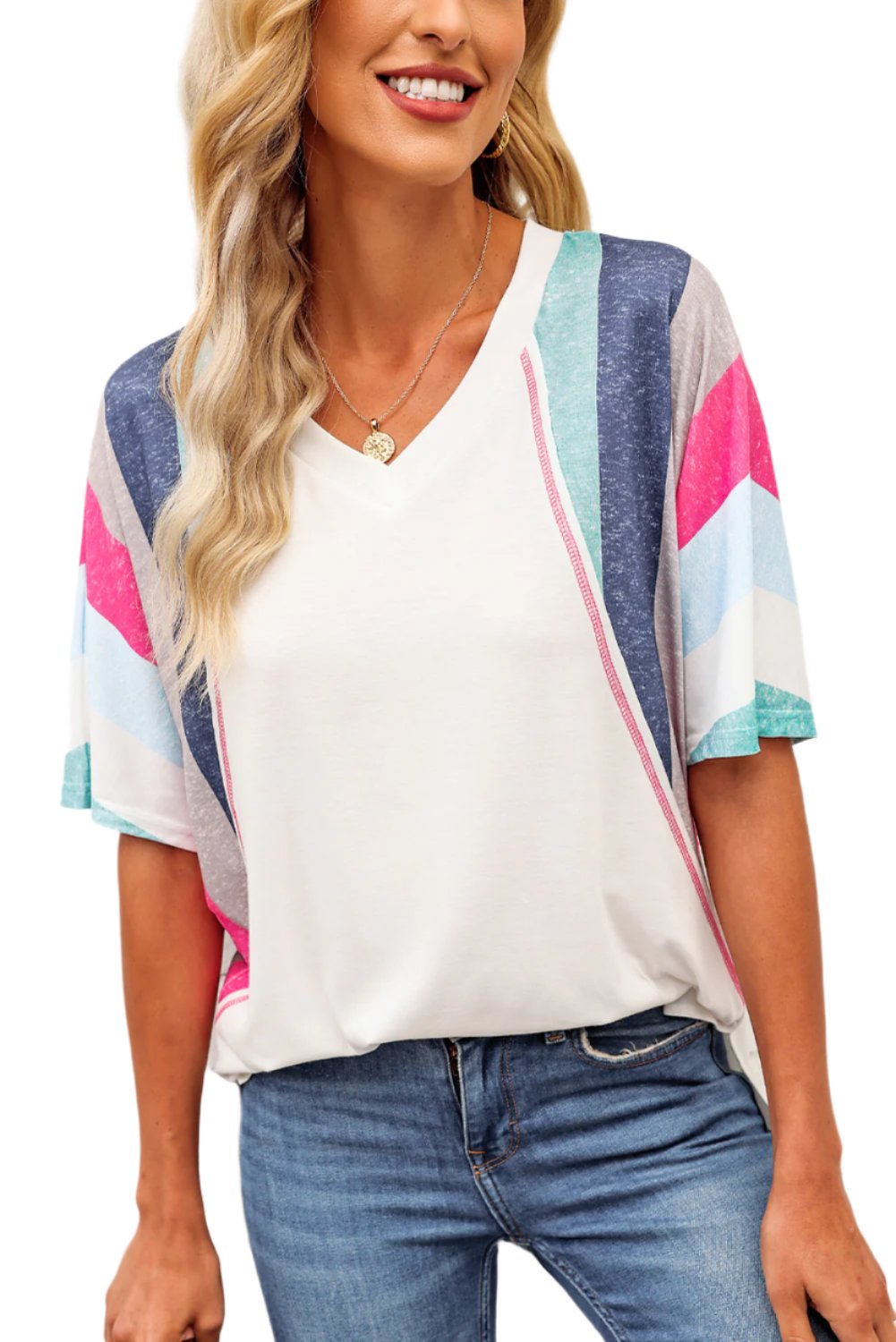 Rainbow Stripe Slit V-Neck T-Shirt - T - 1 COLOR -