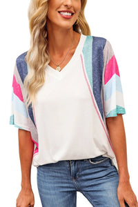 Thumbnail for Rainbow Stripe Slit V-Neck T-Shirt - T - 1 COLOR -