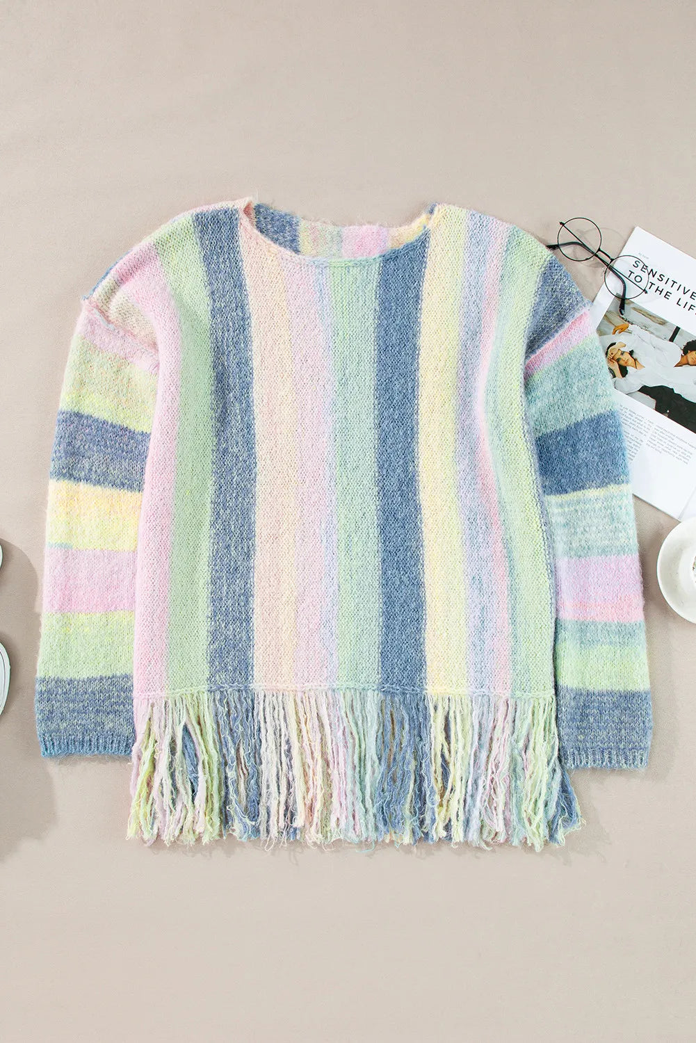 Fringe Color Block Round Neck Sweater - T - 1 COLOR -