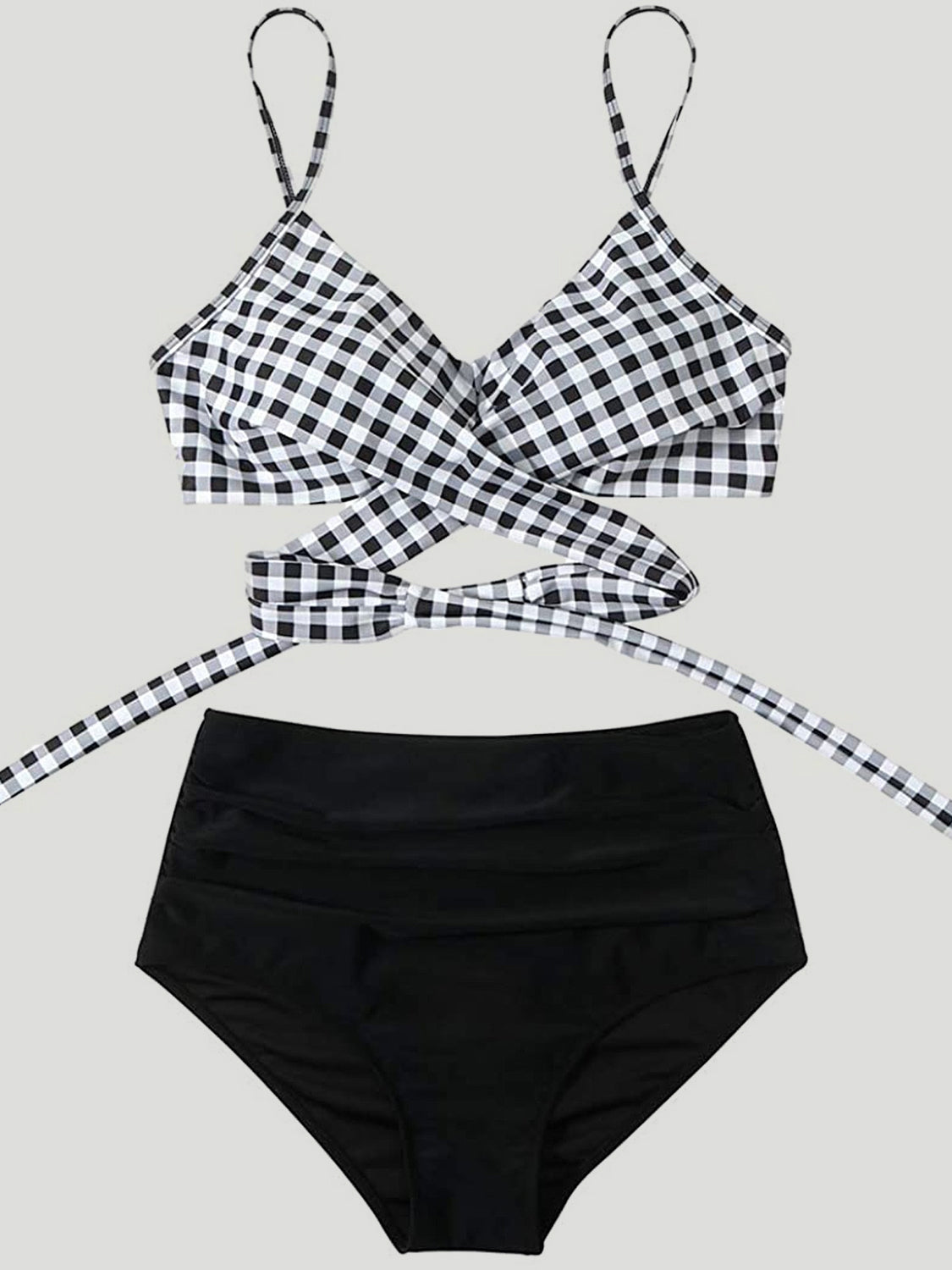 Tied Printed Spaghetti Strap Two-Piece Swim Set - T - BLACK CHECK & US FLAG PATTERN -