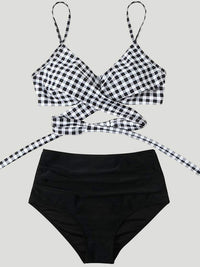 Thumbnail for Tied Printed Spaghetti Strap Two-Piece Swim Set - T - BLACK CHECK & US FLAG PATTERN -