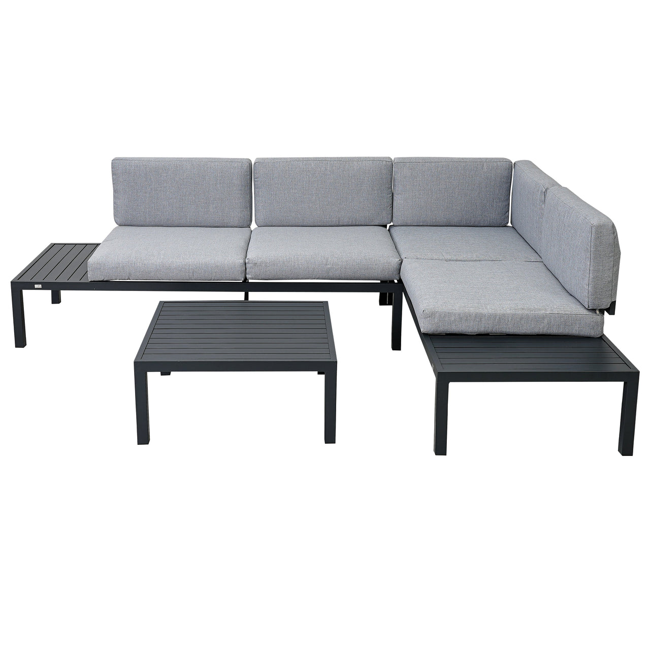 Outdoor 3-Piece Aluminum Alloy Sectional Sofa Set With End Table and Coffee Table,Black Frame+Gray Cushion